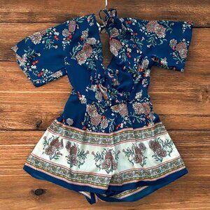 Three Hearts Blue Floral Backless Dress